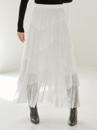 Pleated Tiered Tulle Midi Skirt White, Premium Fashionable Women's Skirts & Skorts at SNIDEL USA