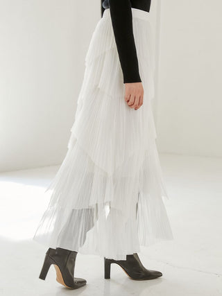 Pleated Tiered Tulle Midi Skirt White, Premium Fashionable Women's Skirts & Skorts at SNIDEL USA