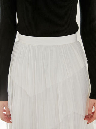 Pleated Tiered Tulle Midi Skirt White, Premium Fashionable Women's Skirts & Skorts at SNIDEL USA