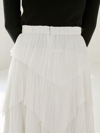 Pleated Tiered Tulle Midi Skirt White, Premium Fashionable Women's Skirts & Skorts at SNIDEL USA