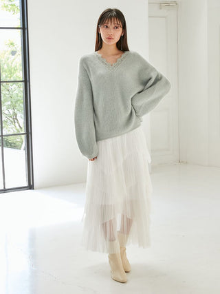 Pleated Tiered Tulle Midi Skirt White, Premium Fashionable Women's Skirts & Skorts at SNIDEL USA