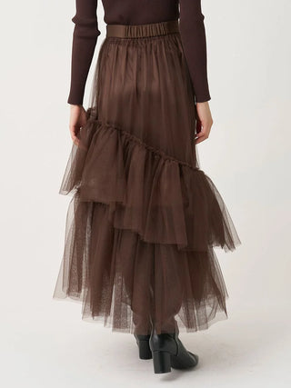 Back view of the brown SNIDEL Asymmetrical Tulle Volume Skirt, showing layered ruffles and an elastic waistband.
