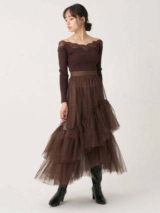 Angled front view of the brown SNIDEL Asymmetrical Tulle Volume Skirt, showing its flared silhouette and tiers.
