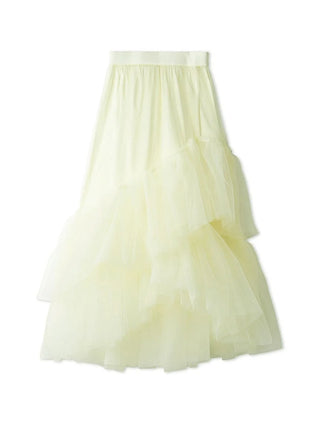 Front view of the cream SNIDEL Asymmetrical Tulle Volume Skirt with layered ruffles and a wide waistband.