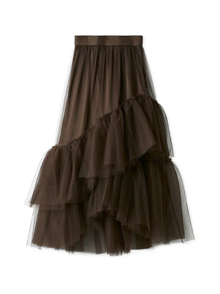 Front view of the brown SNIDEL Asymmetrical Tulle Volume Skirt with diagonal tiers of sheer tulle ruffles.