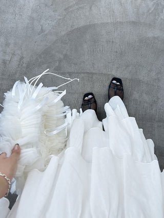 Woman in White Tulle Ribbon Bag Front View