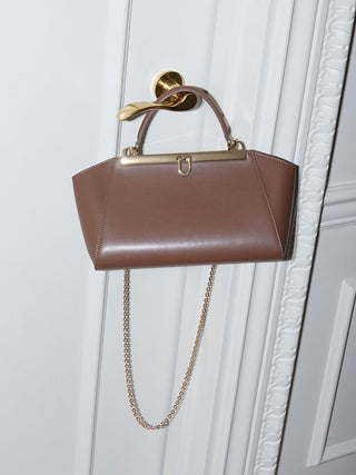 Classic Top-Handle Vintage-Inspired Leather Chain Bag in Mocha, Premium Women's Fashionable Bags, Pouches at SNIDEL USA