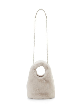 A light beige faux fur shoulder bag with a circular cutout handle and a thin silver chain strap, shown against a plain white background.