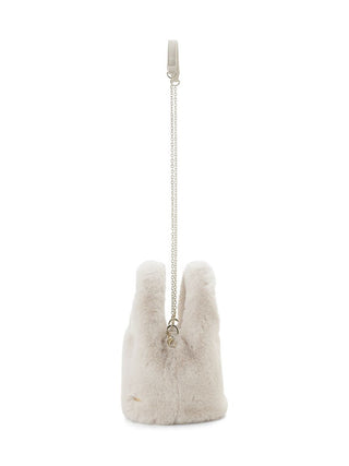 A cream-colored faux fur shoulder bag with a long silver chain strap, shown against a plain white background.