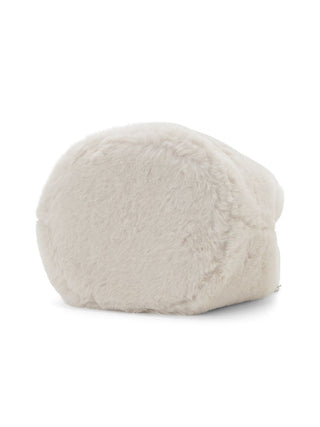 A round, plush faux fur pouch or small cushion in a warm off-white/cream color, photographed on a seamless white background.