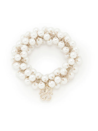 Logo Motif Beaded Scrunchie in Ivory, Premium Women's Hair Accessories at SNIDEL USA