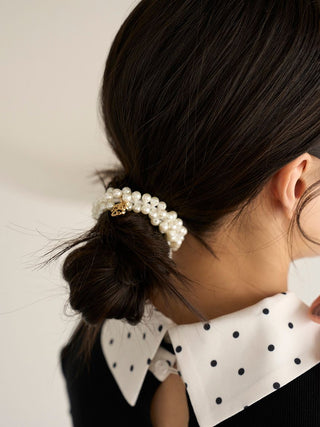 Logo Motif Beaded Scrunchie in Ivory, Premium Women's Hair Accessories at SNIDEL USA