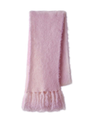 A soft, fuzzy pink scarf with fringed ends, displayed against a plain white background.