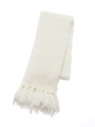 A folded cream-colored fuzzy scarf with fringed ends, displayed on a clean white background.