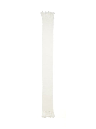 A long, narrow white knit scarf with fringed ends, displayed vertically against a solid white background.