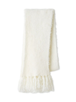 A cream-colored, fuzzy knit scarf with fringed ends, shown folded on a plain white background.