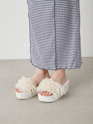 Platform Wedge Sandals with Pleated Ruffle Straps in White at Premium Footwear, Shoes & Slippers at SNIDEL USA