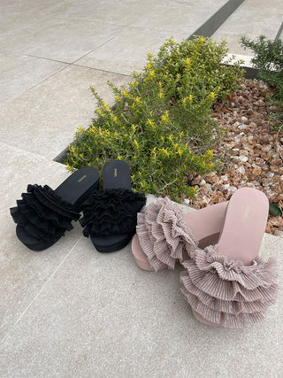 Platform Wedge Sandals with Pleated Ruffle Straps in Pink Beige and Black at Premium Footwear, Shoes & Slippers at SNIDEL USA 
