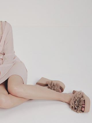 Platform Wedge Sandals with Pleated Ruffle Straps in Pink Beige at Premium Footwear, Shoes & Slippers at SNIDEL USA