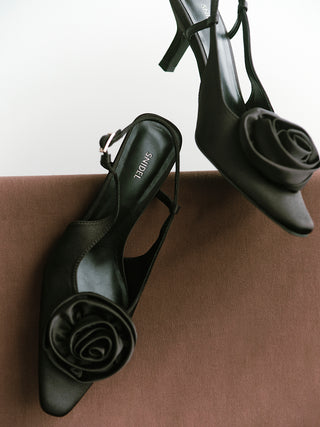 Satin Rose Kitten Heels in BLACK, Premium Footwear, Shoes & Slippers at SNIDEL USA.