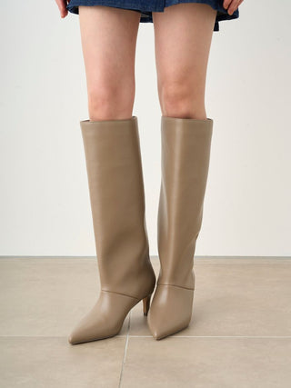 Pointed-Toe Heeled Knee-High Boots in Beige, Premium Footwear, Shoes & Slippers at SNIDEL USA