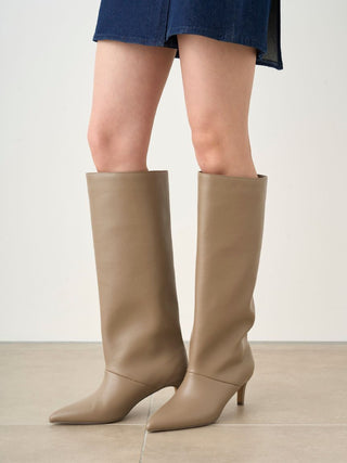 Pointed-Toe Heeled Knee-High Boots in Beige, Premium Footwear, Shoes & Slippers at SNIDEL USA