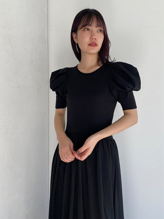 Sustainable Puff Sleeve Back Bowtie Knit Dress in black, premium women's dress at SNIDEL USA
