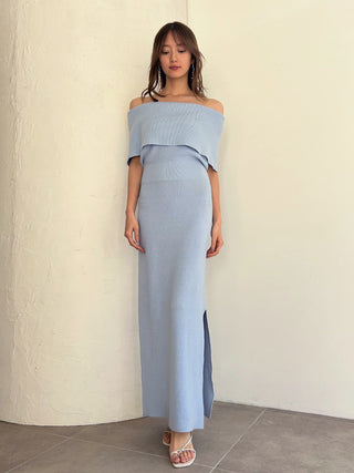  Off Shoulder Knit Maxi Dress in light blue, premium women's dress at SNIDEL USA