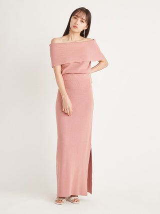 Off Shoulder Knit Maxi Dress in charcoal pink, premium women's dress at SNIDEL USA