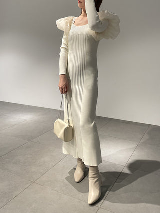 Puff Sleeves Docking Midi Knit Dress in ivory, Luxury Women's Dresses at SNIDEL USA.