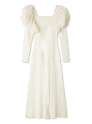 Puff Sleeves Docking Midi Knit Dress in ivory, Luxury Women's Dresses at SNIDEL USA.