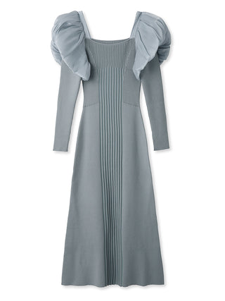 Puff Sleeves Docking Midi Knit Dress in blue Luxury Women's Dresses at SNIDEL USA.