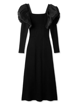 Puff Sleeves Docking Midi Knit Dress in black, Luxury Women's Dresses at SNIDEL USA.
