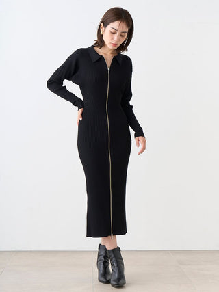 Sustainable Classic Ribbed Midi Knit Dress with Front Zipper