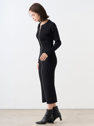 Sustainable Classic Ribbed Midi Knit Dress with Front Zipper