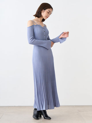 Periwinkle Pleated Maxi Dress with Delicate Straps in blue, Luxury Women's Dresses at SNIDEL USA.