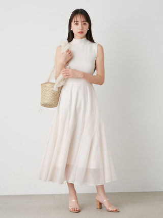 Sustainable High-Neck Sleeveless Knit and Chiffon Maxi Dress in Ivory at Luxury Women's Dresses at SNIDEL USA