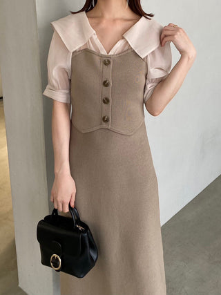 Two-Tone Knit Midi Dress with Puff Sleeves in Beige, Luxury Women's Dresses at SNIDEL USA