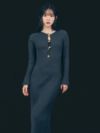 Long Sleeve Ribbed Knit Bodycon Dress in NAVY, Luxury Women's Dresses at SNIDEL USA.