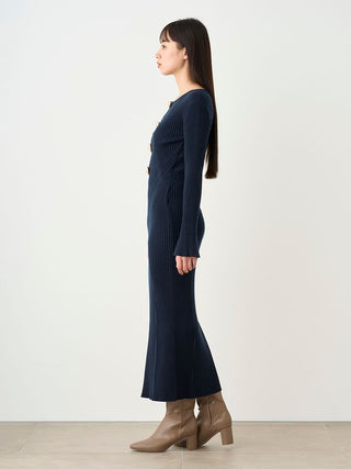 Long Sleeve Ribbed Knit Bodycon Dress in NAVY, Luxury Women's Dresses at SNIDEL USA.