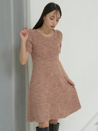 Short Sleeve Bouclé Knit Dress in Beige, Luxury Women's Dresses at SNIDEL USA