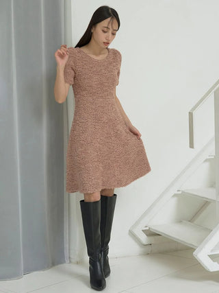 Short Sleeve Bouclé Knit Dress in Beige, Luxury Women's Dresses at SNIDEL USA