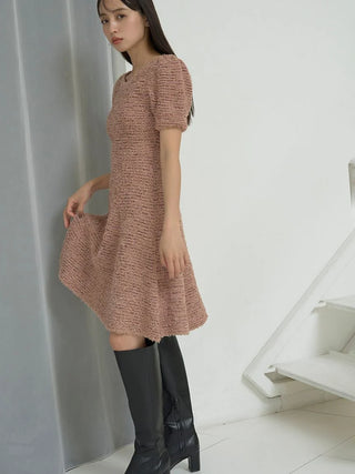 Short Sleeve Bouclé Knit Dress in Beige, Luxury Women's Dresses at SNIDEL USA