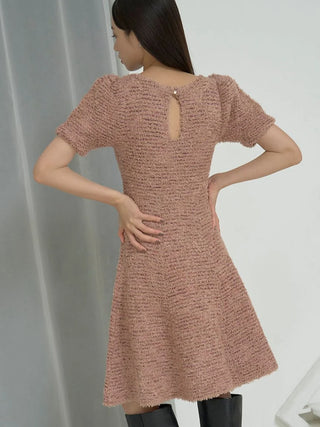 Short Sleeve Bouclé Knit Dress in Beige, Luxury Women's Dresses at SNIDEL USA