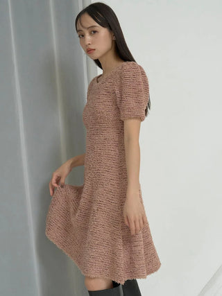 Short Sleeve Bouclé Knit Dress in Beige, Luxury Women's Dresses at SNIDEL USA