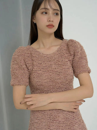 Short Sleeve Bouclé Knit Dress in Beige, Luxury Women's Dresses at SNIDEL USA