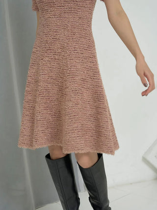 Short Sleeve Bouclé Knit Dress in Beige, Luxury Women's Dresses at SNIDEL USA