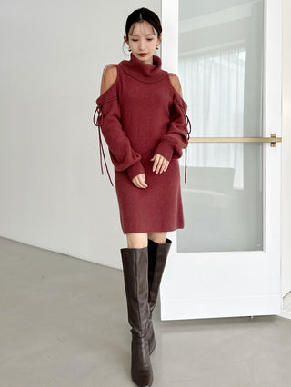 See-Through Shoulder Mini Knit Dress in Bordeaux, Luxury Women's Dresses at SNIDEL USA