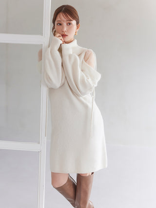 See-Through Shoulder Mini Knit Dress in Ivory, Luxury Women's Dresses at SNIDEL USA