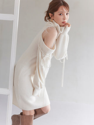 See-Through Shoulder Mini Knit Dress in Ivory, Luxury Women's Dresses at SNIDEL USA